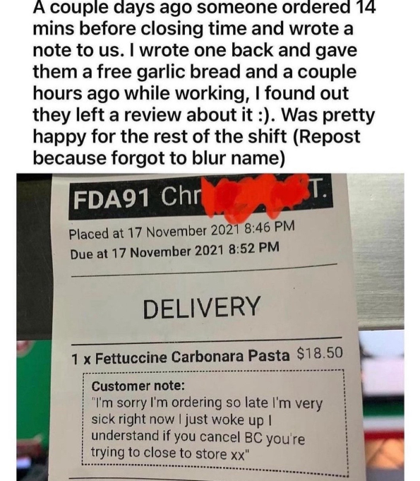 A delivery order with a sweet note to the restaurant.