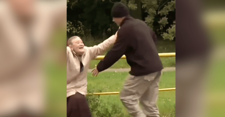 skateboarder goes to hug excited grandma