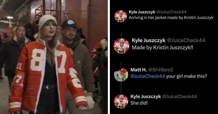 A two-photo collage. The first shows Taylor Swift in a puffer jacket. The second shows a series of tweets from Kyle Juszczyk letting people know the jacket is by his wife, Kristin Juszczyk.