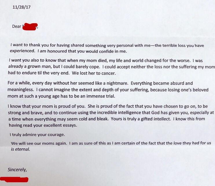 A letter from a professor to his grieving student.