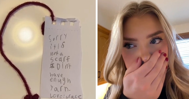 A two-photo collage. The first shows a handwritten note attached to a string of yarn, though we can't see the finished product. The not reads: Sorry it is not a scarf. I didn't have enough yarn. Love, Grace. The second photo shows a close up of a young woman covering her mouth, her eyes wider with shock.