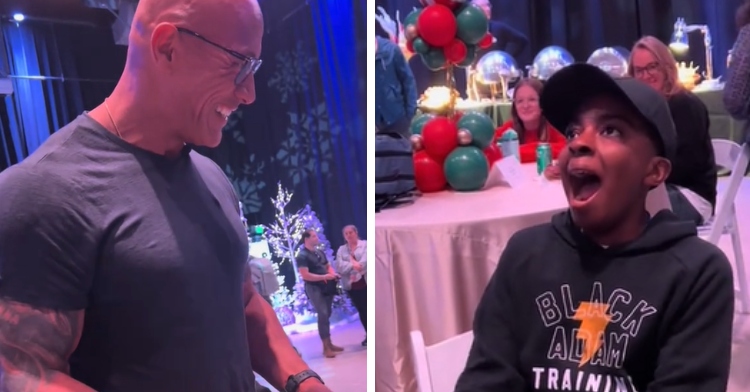 A two-photo collage. The first shows a side view of Dwayne "The Rock" Johnson smiling as he looks over at someone we can't see in this image. The second photo shows the person The Rock is looking at: A young boy with his mouth wide open in shock from meeting The Rock.