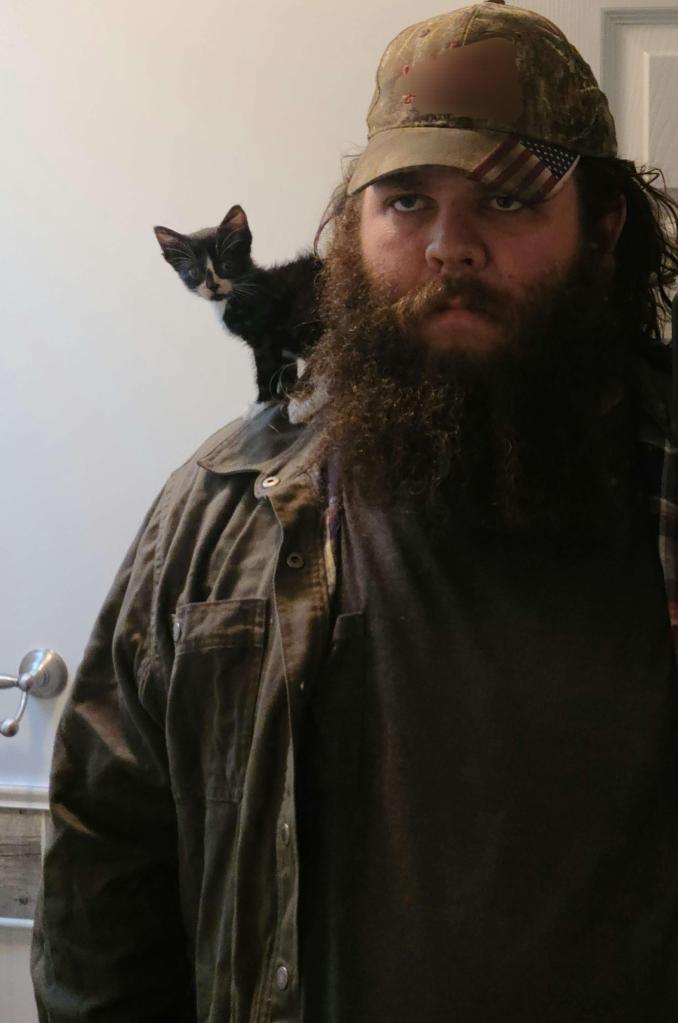 A man with a big beard has a tiny kitten on his shoulder. 
