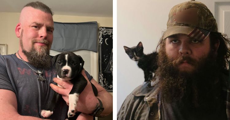 Tough-looking guys holding their tiny pets.