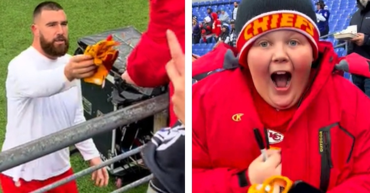 A two-photo collage. The first shows Travis Kelce on a football field. He's handing a pair of his yellow gloves to someone in the stands. The second photo shows a close up of a happy little boy. His mouth is agape as he smiles. He looks shocked and is holding onto a pair of Travis Kelce's yellow gloves.