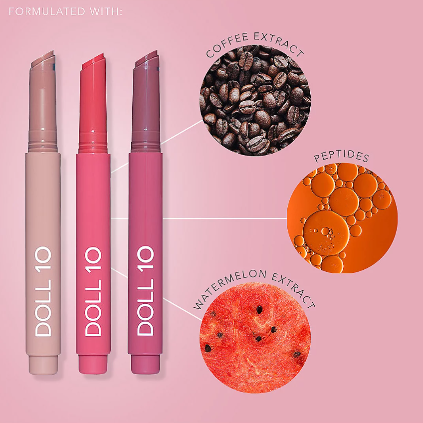 View of the Doll 10 Peptide Plump Lip Oil Trio with images indicating they contain coffee extract, peptides, and watermelon extract.