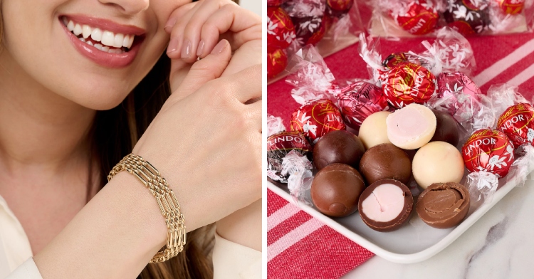 A two-photo collage. The first shows a close up of a woman smiling as she wears an Adorna 14K Gold Figaro Panther Bracelet. The second photo shows Lindt Lindor chocolates on a small, square plate. Some are still in their container but others are unwrapped and others are unwrapped and cut in half.