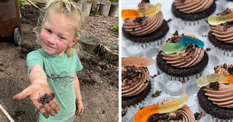 A two-photo collage. The first shows a little kid smiling as they look down at the worms in their dirty hand. The second photo shows a close up of chocolate cupcakes with gummy worms on top.