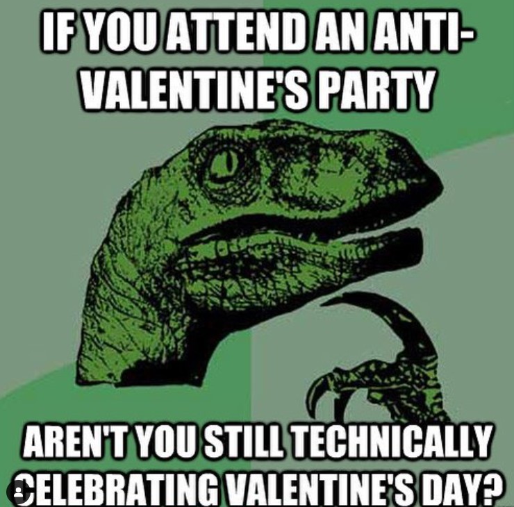 An anti-Valentine meme asking, "If you attend an anti-Valentine's Party aren't you still technically celebrating Valentine's Day?"