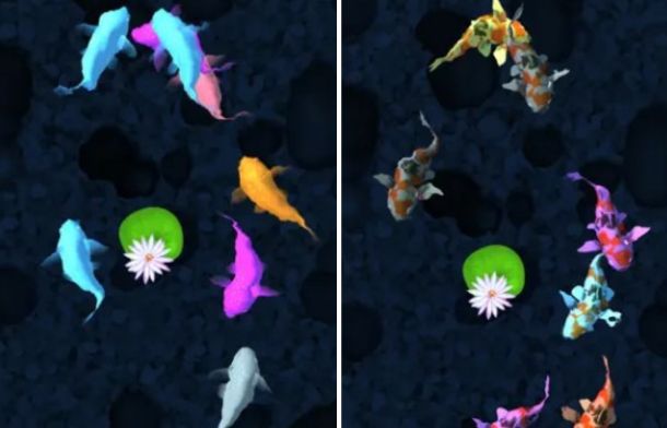 Image shows two screens from a game developed for cats to play on tablets and phones.