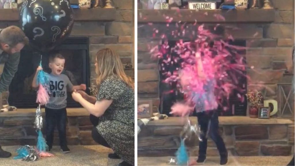 A young performs the duty at a gender reveal party, revealing that he'll have a new sister.