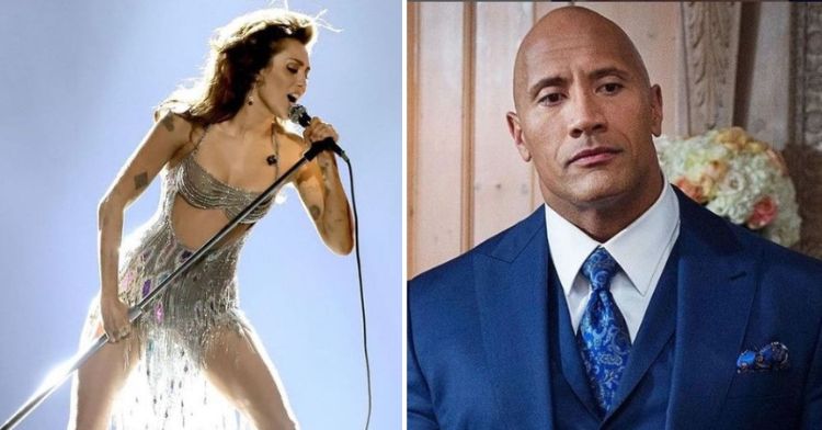 Image shows Miley Cyrus on the left and Dwayne "The Rock" Johnson on the right.