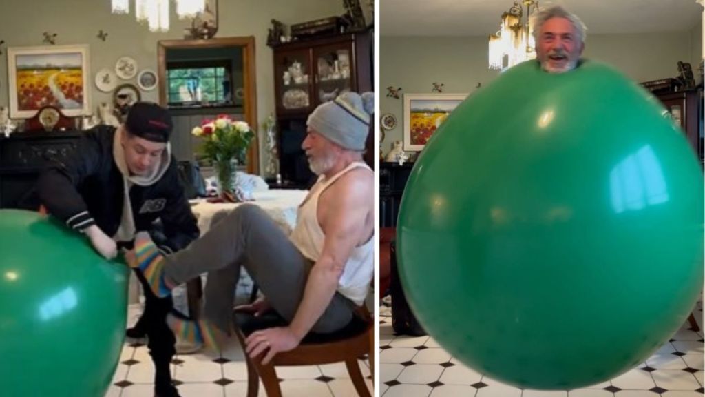 Image shows a man putting his father into a giant balloon. Left image is the beginning. Right image is the father bouncing inside the balloon and getting some "air time."