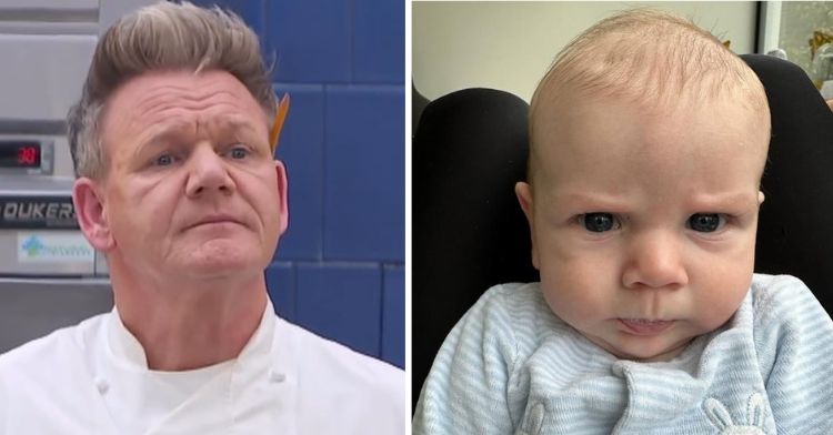Gordon Ramsay and his newborn son wearing matching scowls.