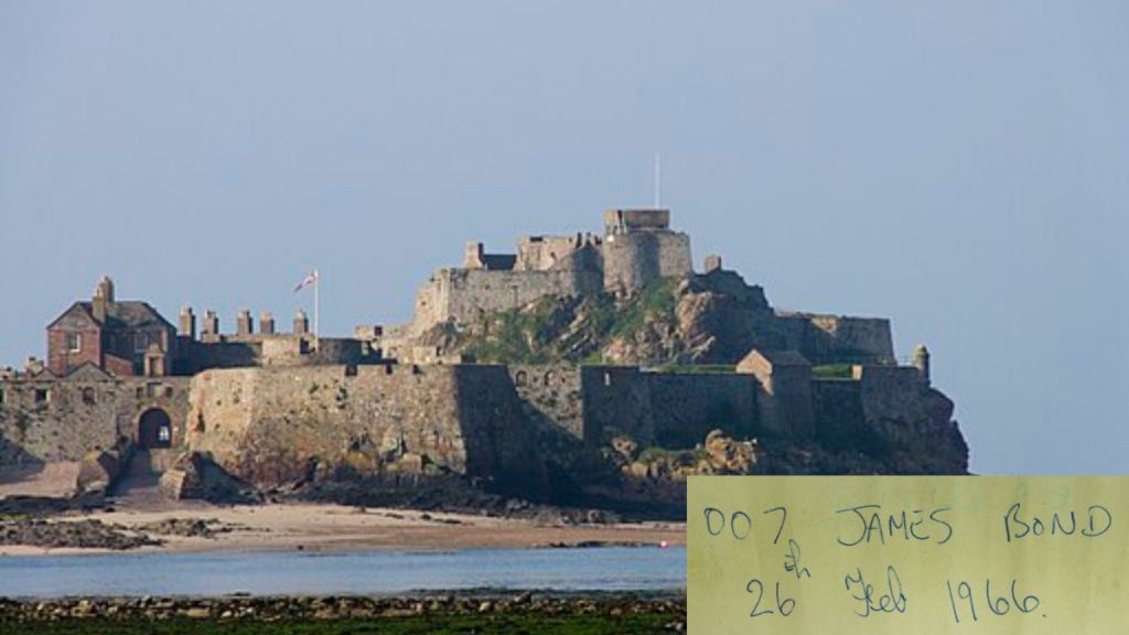 Image shows Elisabeth Castle in Jersey on the coast of France with an overlay showing part of a note that was found sealed in a fireplace in the castle.