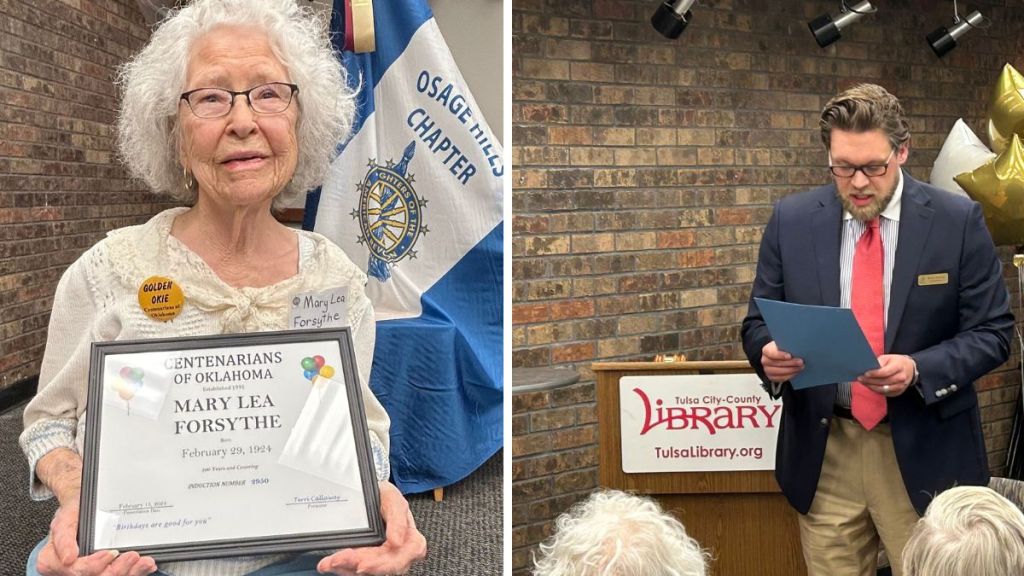 Left image shows centenarian Mary Lea Forsythe with her certificate from the Centenarians of Oklahoma. Right image shows the Vice Mayor of Sand Springs, OK, reading a proclamation in Mary Lea's honor.
