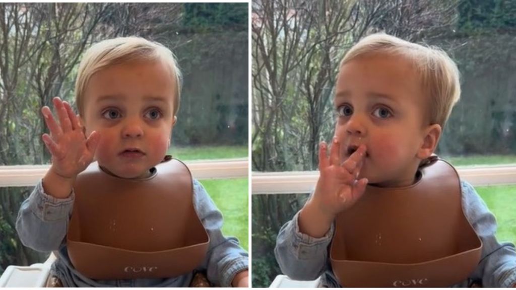 Images show a toddler using hand signals and facial expressions animatedly as he discusses his day with his mom.