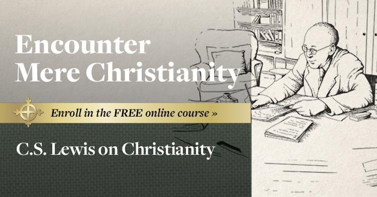 Banner for the free C.S. Lewis course from Hillsdale College. It shows a drawing of C.S. Lewis writing. Text on the image reads:

Encounter Mere Christianity

Enroll in the FREE online course

C.S. Lewis on Christianity 