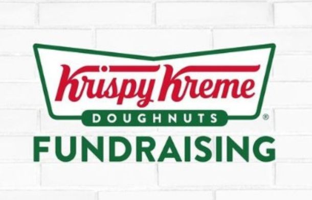 Image shows the Krispy Kreme logo and the word fundraising against a white brick background.