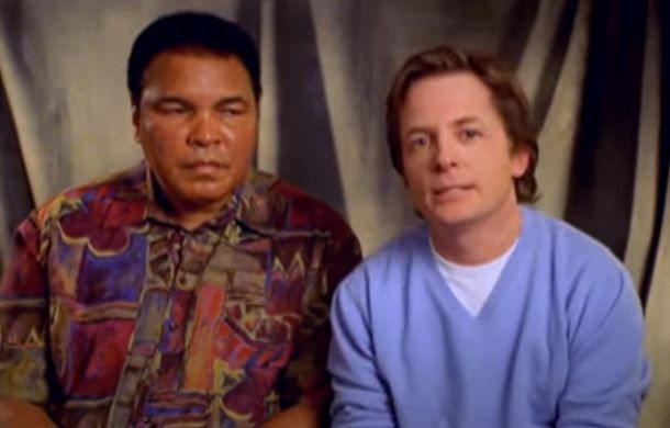 Michael J. Fox and Muhammad Ali during a PSA the two filmed together.