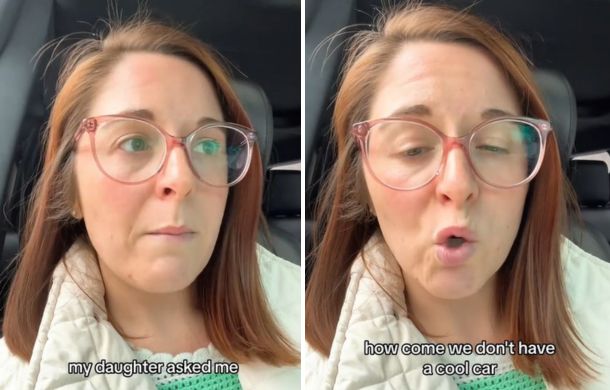 Images of Erin Monroe explaining that her daughter was asking why the family doesn't have a cool car.