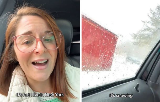 Images showing that the temp gauge may say 100 degrees but it is snowing in New York.