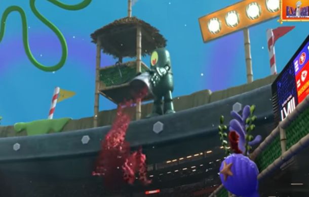 Plankton got filmed dumping buckets of "chum" on the crowds.