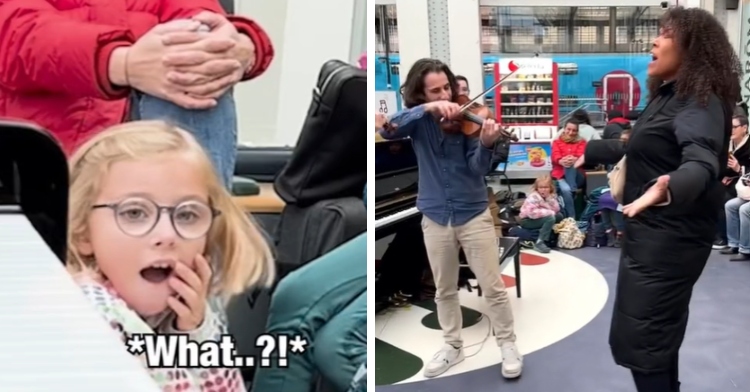 A two-photo collage. The first shows a little girl partially covering her mouth as she gasps. Text on the image indicates what she might be thinking: What... ?! The second photo shows a violinist playing in a train station as a woman stands near him and sings passionately.