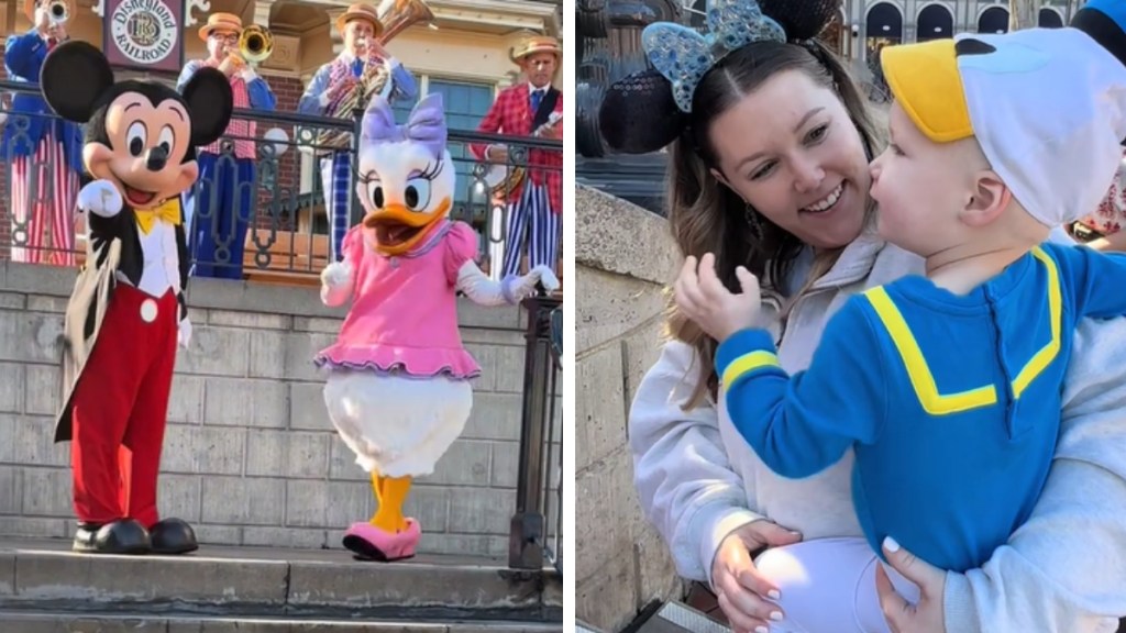 A two-photo collage. The first shows Mickey Mouse and Daisy Duck standing on a staircase at Disney World, at a distance. Mickey is pointing to someone not in the photo and Daisy is looking over there. The second image shows a woman smiling as she holds her son, who is dressed like a baby Donald Duck.