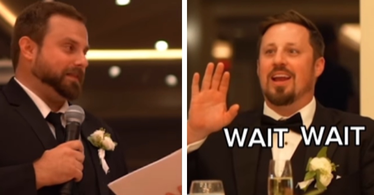 A two-photo collage. The first shows Dylan holding a mic and paper as he gives his best man speech. The second photo shows the groom, David, holding up a hand as he says, "Wait, wait, wait," with a shocked expression on his face. His bride sits next to him, mouth open and she smiles.