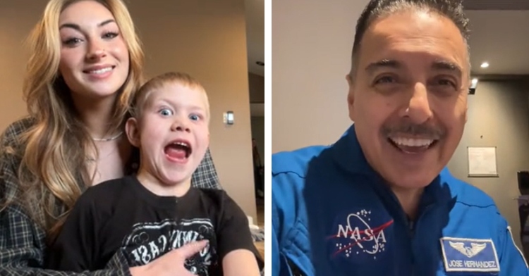 A two-photo collage. The first shows a young woman smiling as she holds her 6-year-old brother in her lap. The boy's eyes are wide and his mouth is open from shock. The second image shows astronaut Jose Hernandez smiling as he makes a video for a bullied boy.