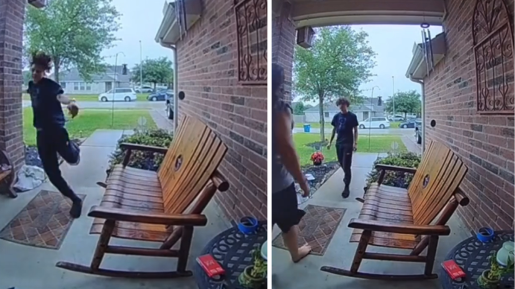 two images: one of a bully chasing a kid into a house, and the other of the homeowner confronting the bully