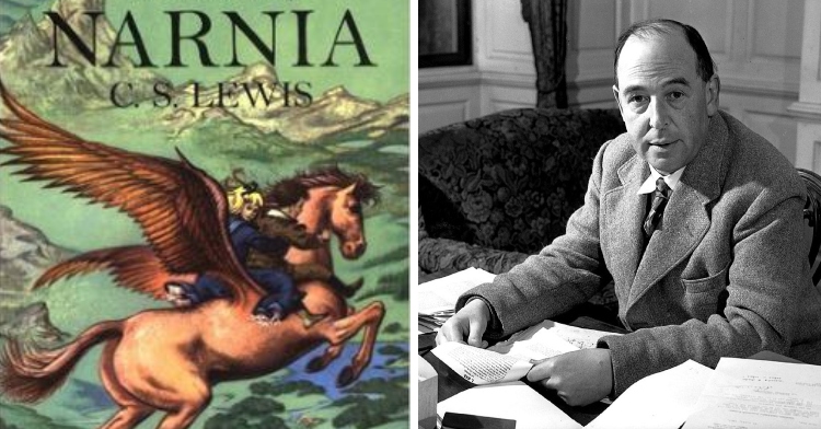 A two-photo collage. The first shows a colorful image of the front cover of "The Chronicles of Narnia" by C.S. Lewis. The second image is a black and white photo of C.S. Lewis sitting at his desk. He's holding onto a piece of paper, but there's scattered papers all over the desk.