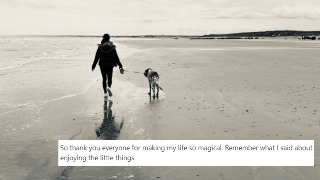 View from behind of Daniella T. walking her dog on a beach. On this image is a screenshot from a LinkedIn post that reads: So thank you everyone for making my life so magical. Remember what I said about enjoying the little things