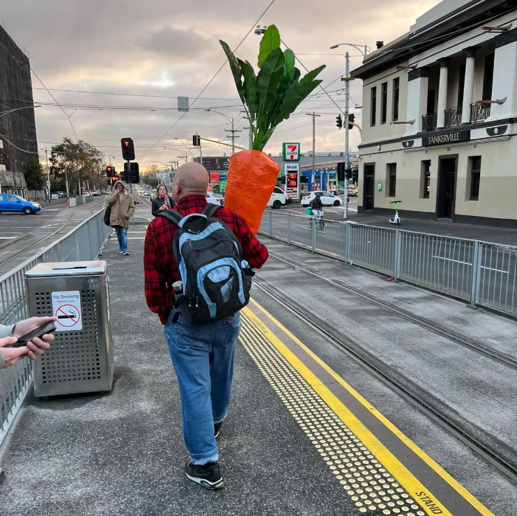 View from behind of Nathan, the carrot man of Melbourne, walking down the road wearing a backpack and charring a giant carrot. 