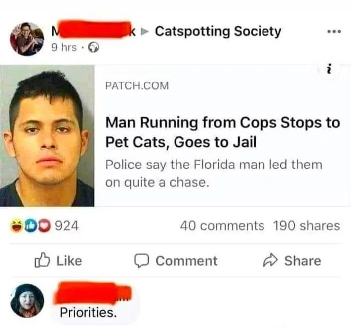 A news headline about a man petting a cat.