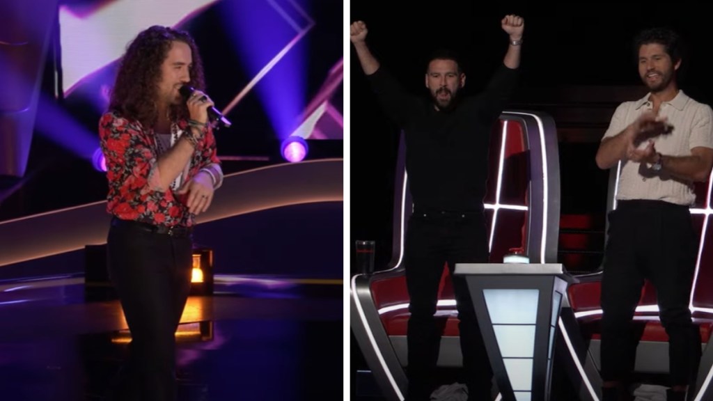 A two-photo collage. The first shows Ryan Argast singing on "The Voice." The second image shows Dan + Shay standing up as they cheer for Ryan.