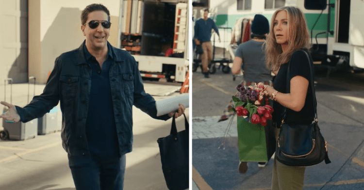 A two-photo collage, both with photos from Jennifer Aniston and David Schwimmer's Uber Eats Super Bowl commercial. The first shows Schwimmer with arms out to initiate a hug. He's smiling. The second photo shows Aniston looking at him, confusion on her face.