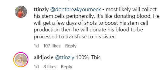 A comment on Instagram about bone marrow donation. 