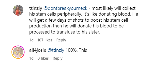 A comment on Instagram about bone marrow donation.