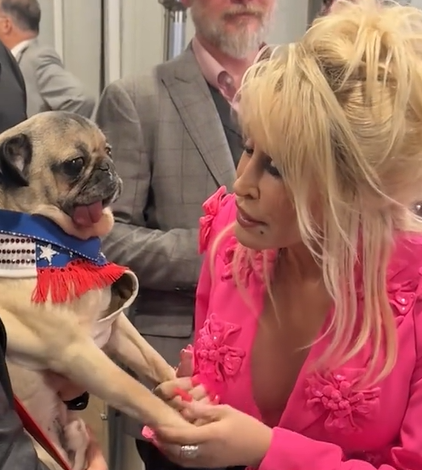 Close up of Dolly Parton holding onto Doug the Pug's two front paws as she talks to him.