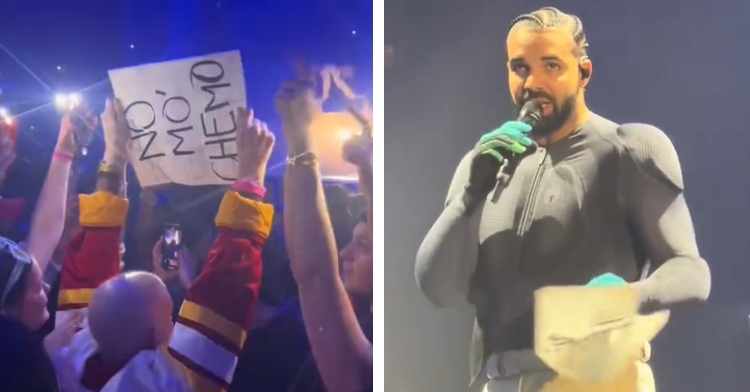 A two-photo collage. The first shows a woman named Lauren at a Drake concert. She's holding up a sign. Fellow fans shine their phone flashlights on it to get the singer's attention. The second photo shows a close up of Drake on stage at the concert. He's looking into the crowd as he talks into a mic.