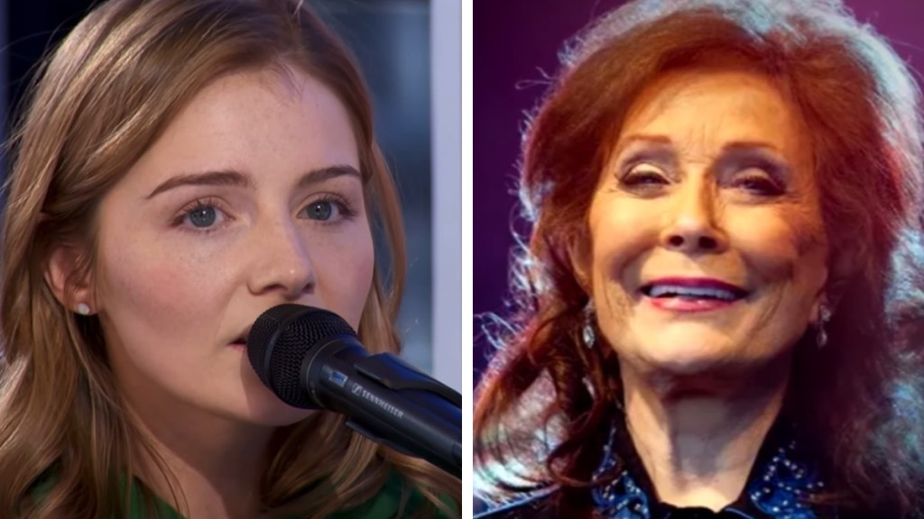 A two-photo collage. The first shows a close up of Emmy Russell singing into a mic on "American Idol." The second image shows a close up of Loretta Lynn smiling.