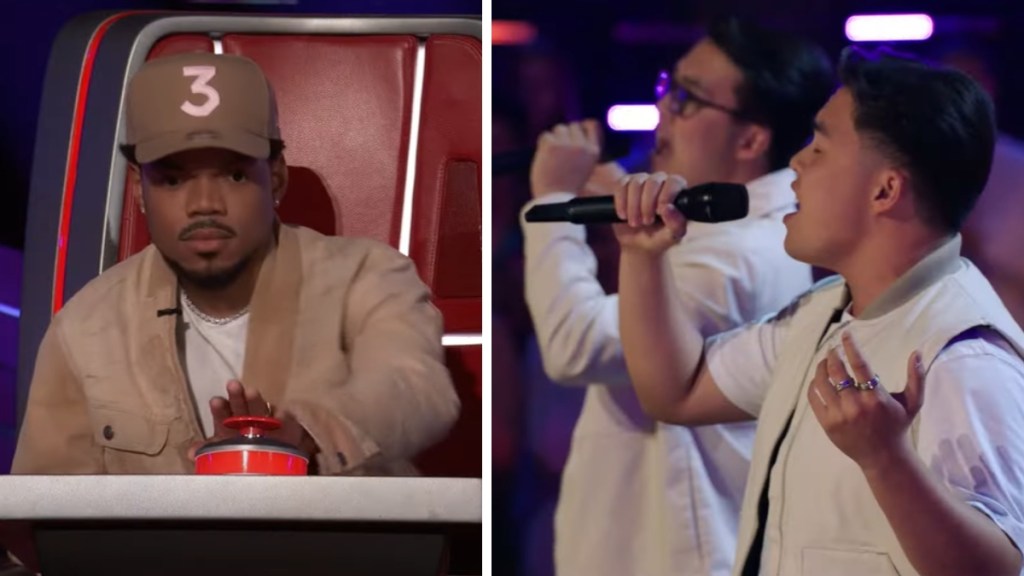 Two-photo collage. The first shows Chance the Rapper, eye wide, as he reaches to push his button on "The Voice." The second image shows a side view of the Garcia twins standing next to each other as they sing passionately into their mics.