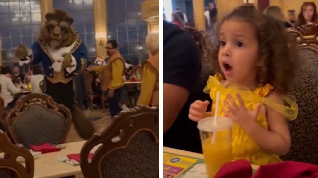 A two-photo collage. The first shows someone dressed as the Beast at Disney World. He's at a distance, walking by people sitting at tables in a restaurant, waving. The second image shows a little girl sitting at a table. Her eyes are wide and her mouth is agape as she looks at the Beast who is slowly approaching.