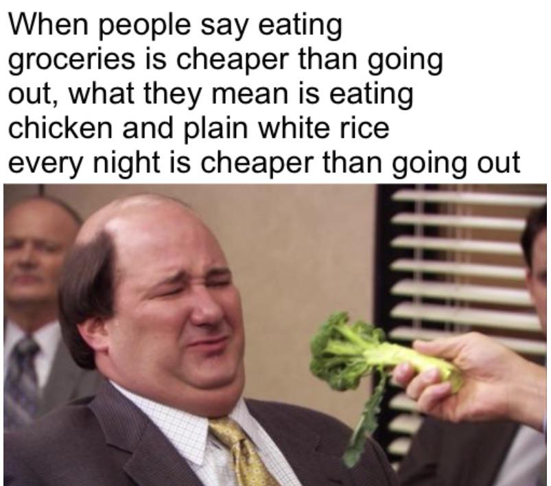 A meme from "The Office" where Kevin makes a face at broccoli. 