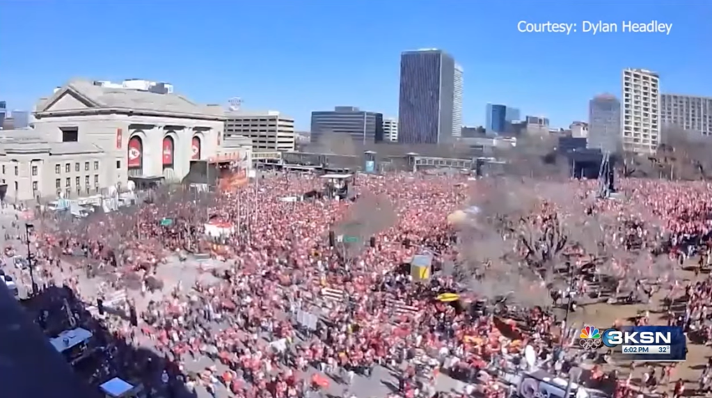 View from a security camera of the crowd during the Kansas City Shooting. 