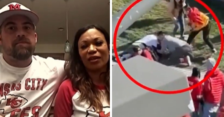 A two-photo collage. The first shows Trey and Casey Filter sitting on a couch in their home. Trey has an arm around Casey. They're both wearing Kansas City Chiefs merch. The second photo shows a screenshot from footage of Trey and Casey during the shooting at the Kansas City Parade. A red circle on the image shows the couple tackling the shooter.