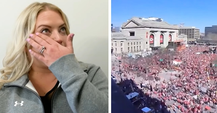 A two-photo collage. The first shows nurse Jessica Dean wiping away tears with her hand as she talks about the Kansas City shooting. The second image shows a view from a security camera of the crowd during the Kansas City Shooting.