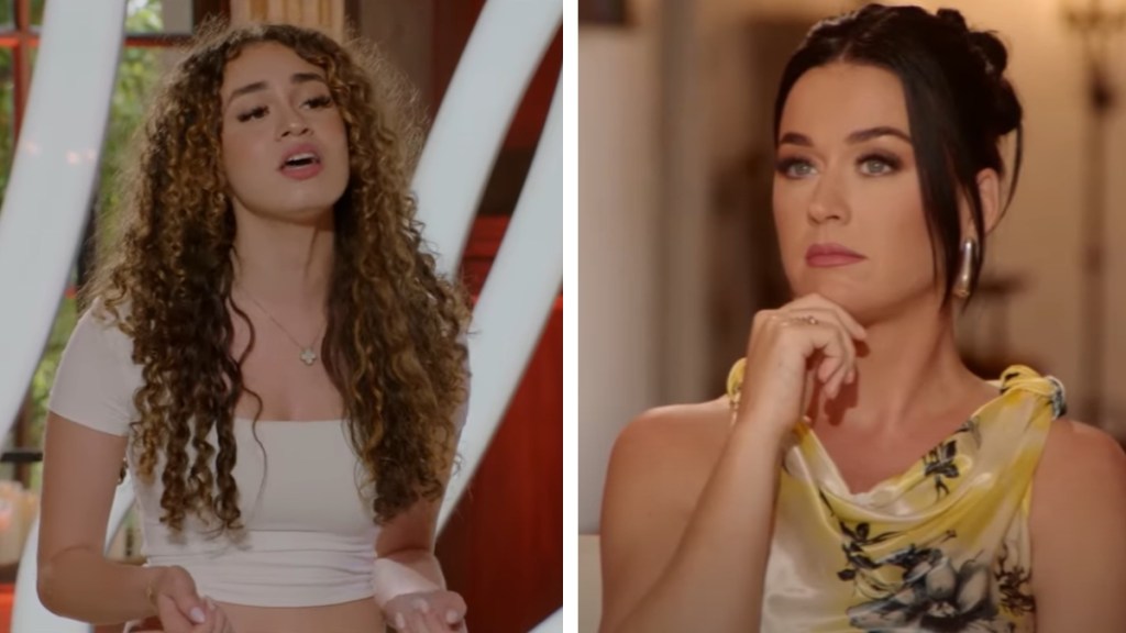 A two-photo collage. The first shows 16-year-old Hailey Mia singing on "American Idol." The second image shows a close up of Katy Perry resting a hand on her chin as she watches intently.